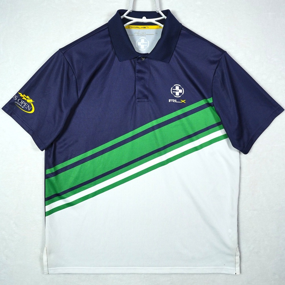 RLX Ralph Lauren Mens 2014 US Open Tennis Polo Shirt Navy Green White Large